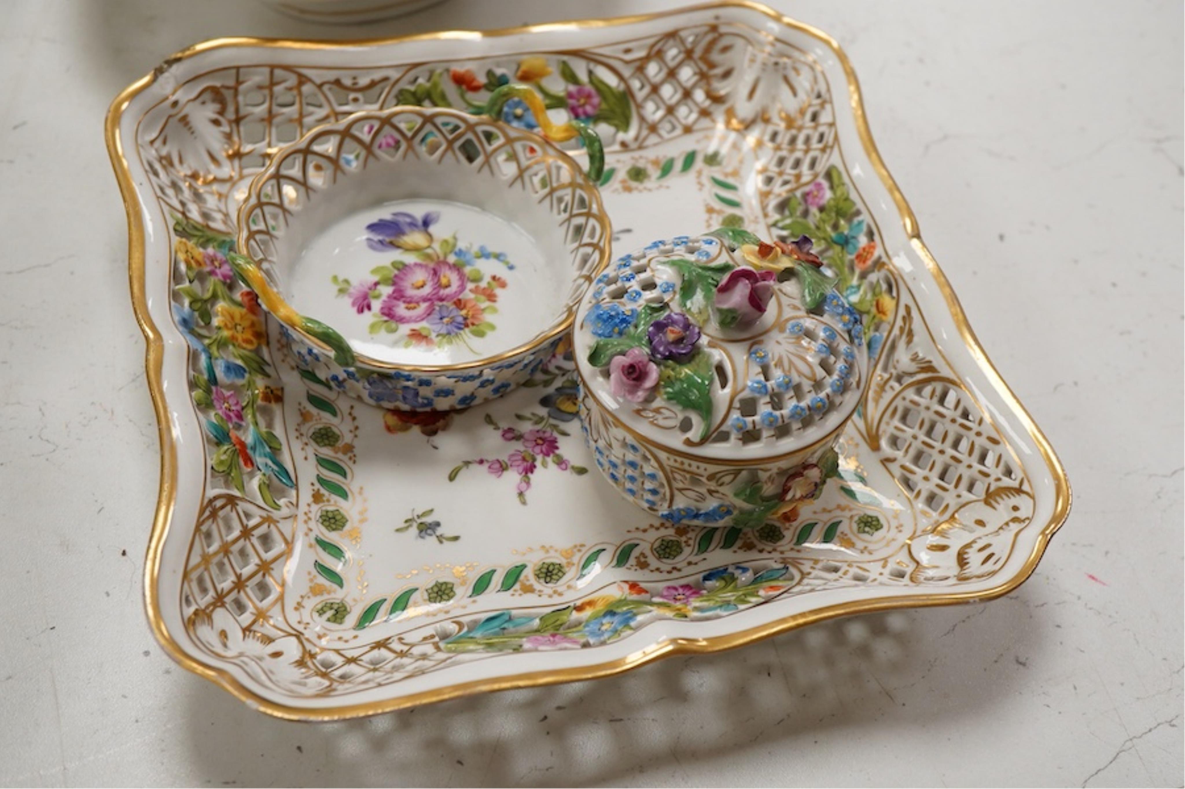 A collection of various 19th century and later European ceramics to include Dresden, Royal Worcester etc. and four Japanese ceramic plates